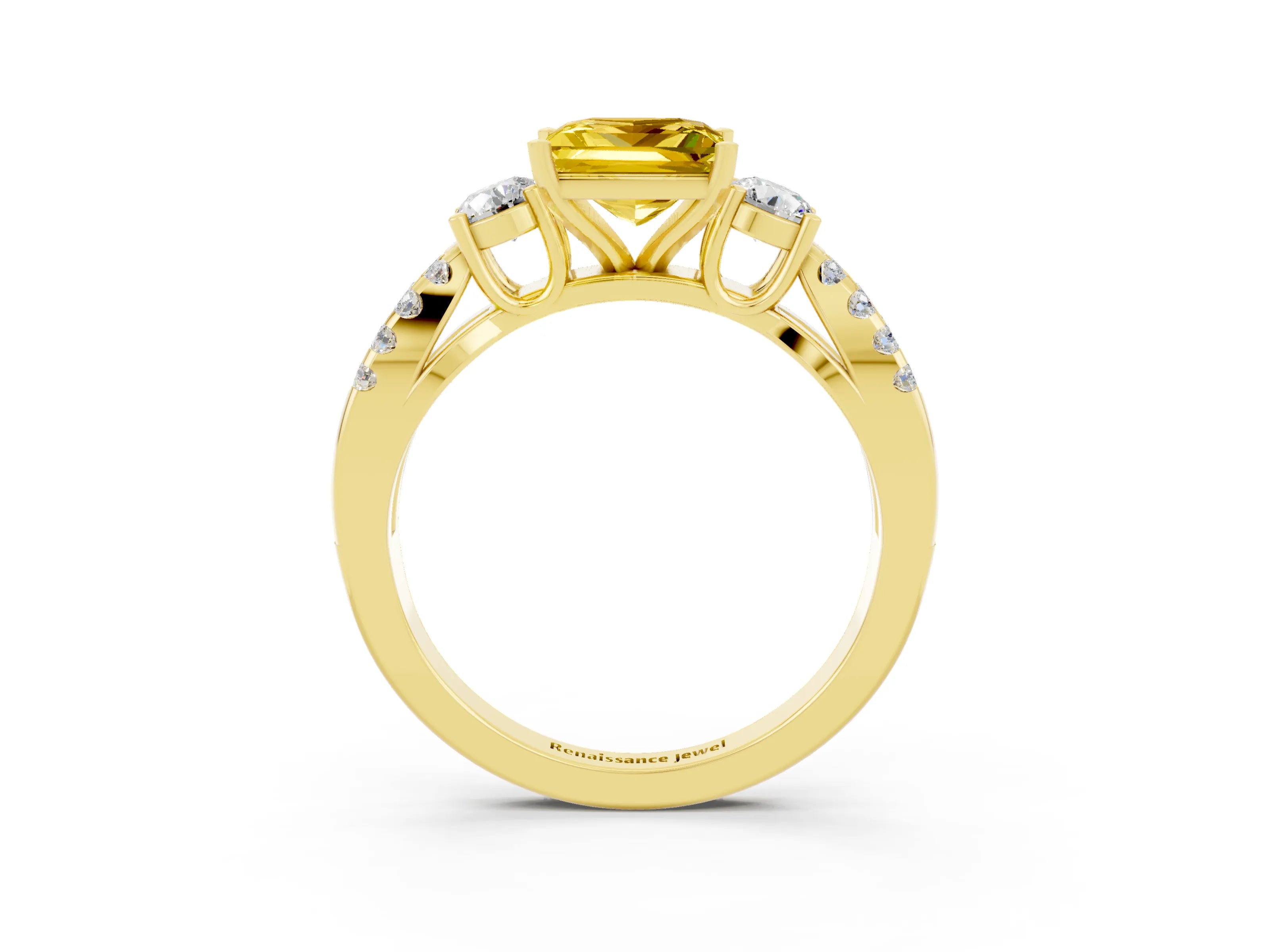 Yellow gold Princess Cut Yellow Sapphire Three-Stone Ring with Pavé Split Shank and Four-Prong Setting_27