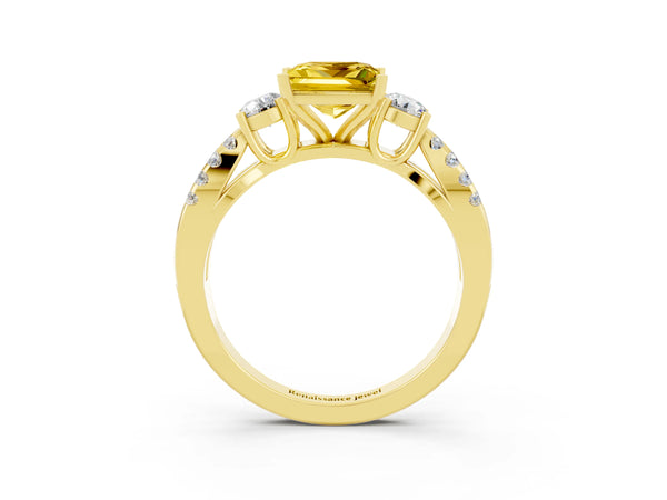 Yellow gold Princess Cut Yellow Sapphire Three-Stone Ring with Pavé Split Shank and Four-Prong Setting