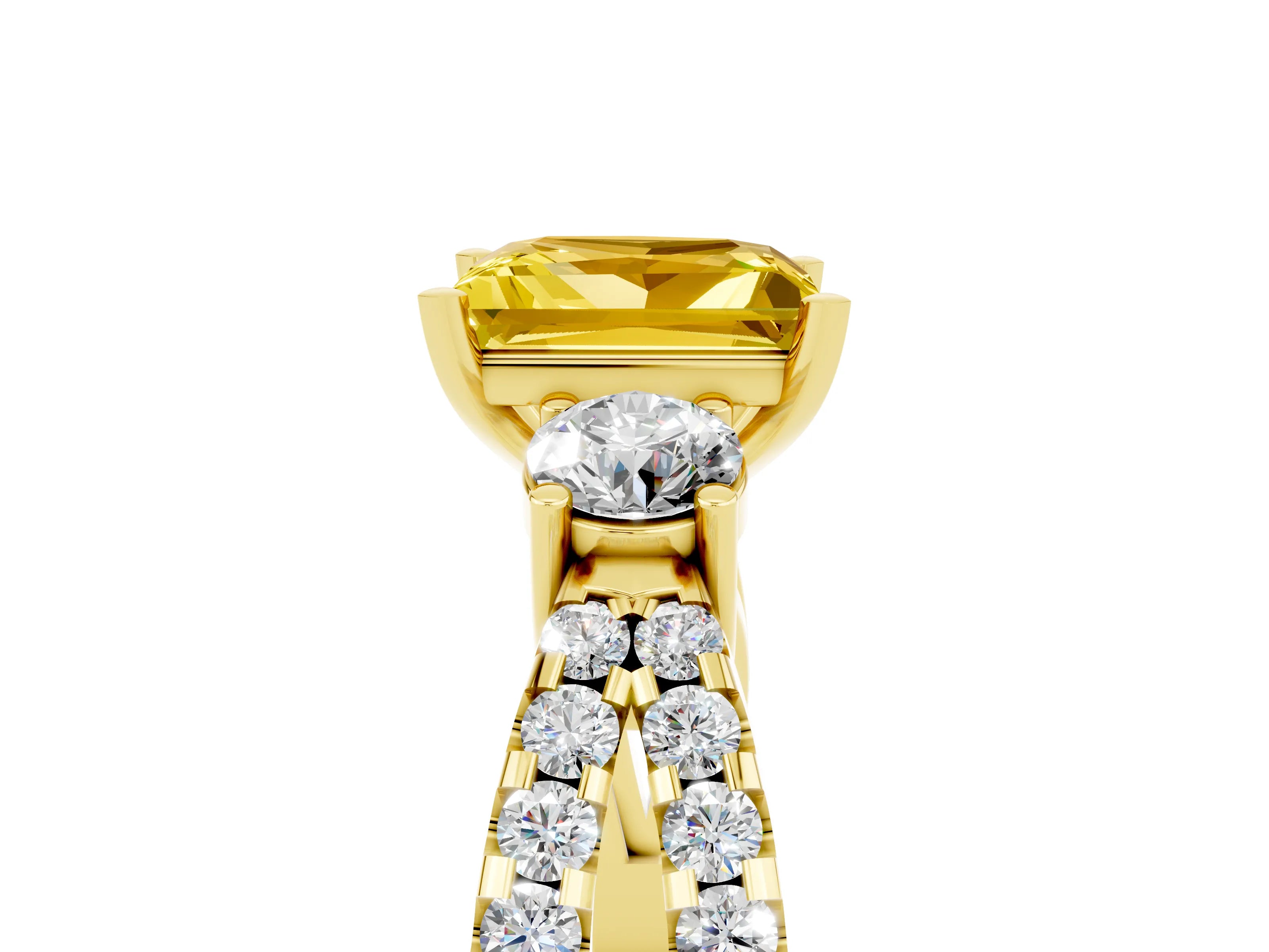 Yellow gold Princess Cut Yellow Sapphire Three-Stone Ring with Pavé Split Shank and Four-Prong Setting_29