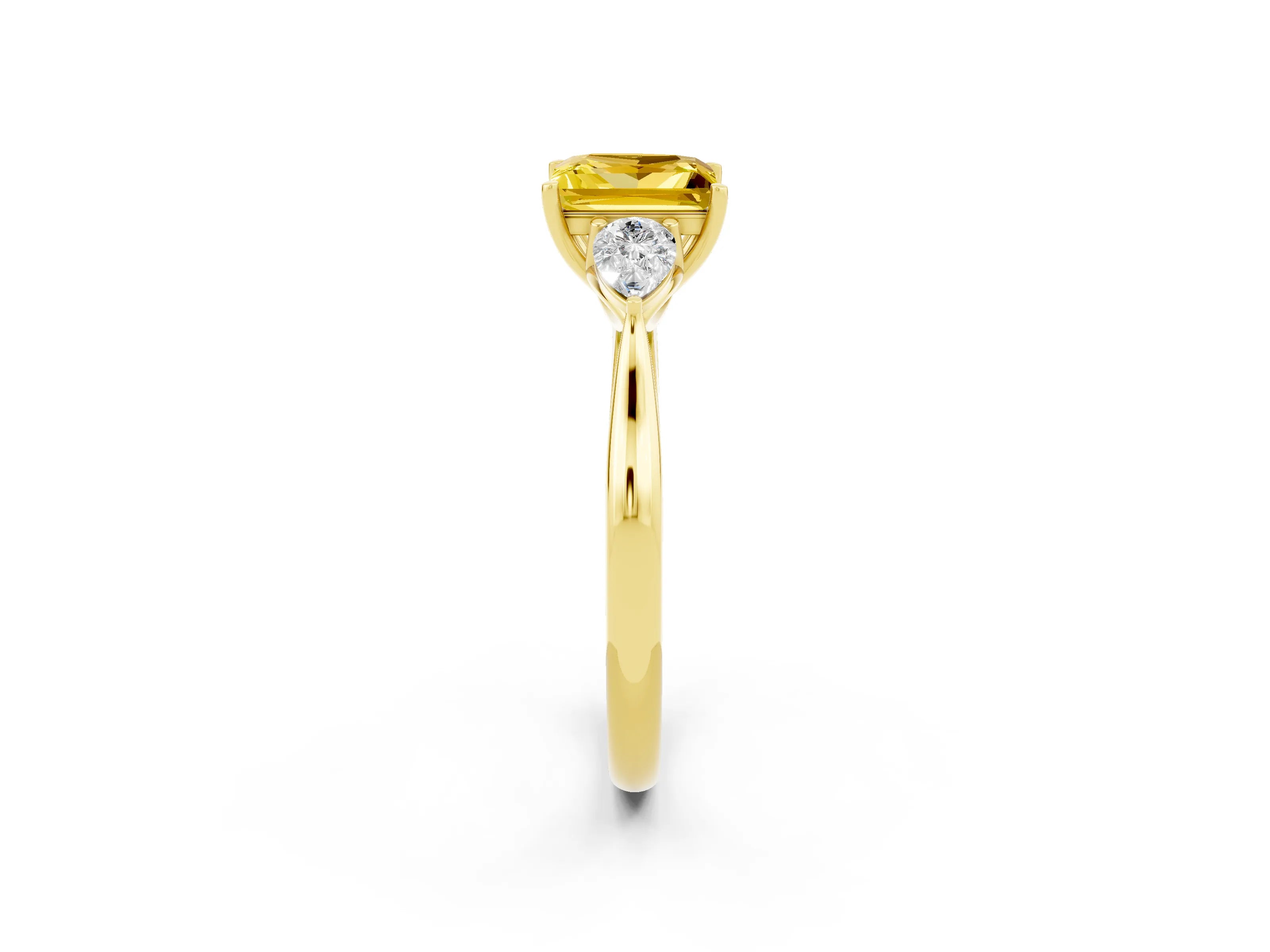 Yellow gold Princess Cut Yellow Sapphire Three-Stone Ring with Pear Side Stones and Four-Prong Setting_14