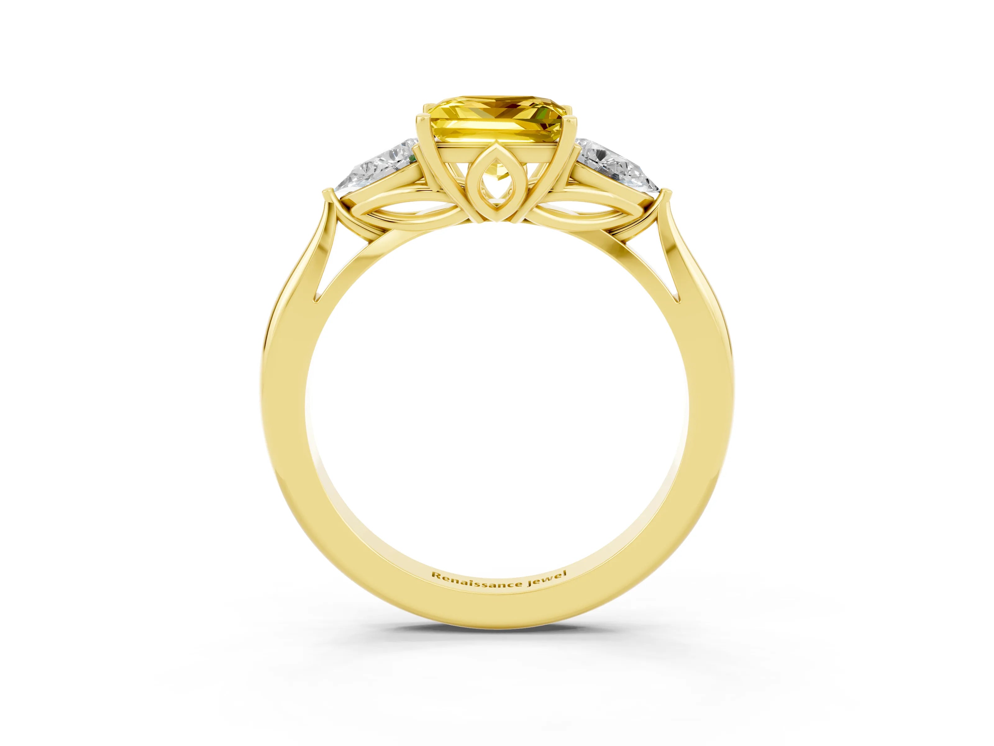 Yellow gold Princess Cut Yellow Sapphire Three-Stone Ring with Pear Side Stones and Four-Prong Setting_15