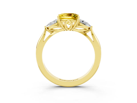 Yellow gold Princess Cut Yellow Sapphire Three-Stone Ring with Pear Side Stones and Four-Prong Setting_15