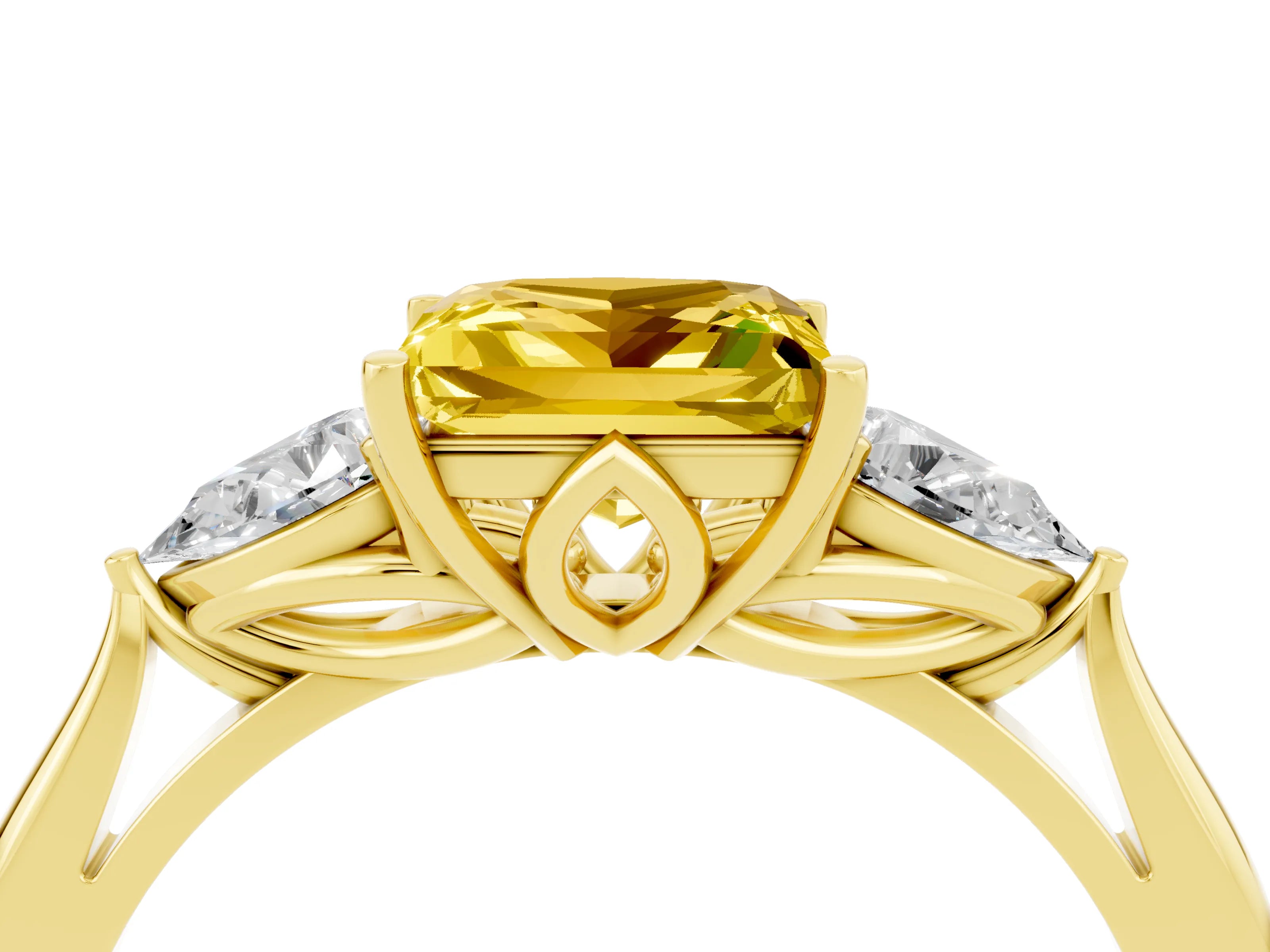 Yellow gold Princess Cut Yellow Sapphire Three-Stone Ring with Pear Side Stones and Four-Prong Setting_16