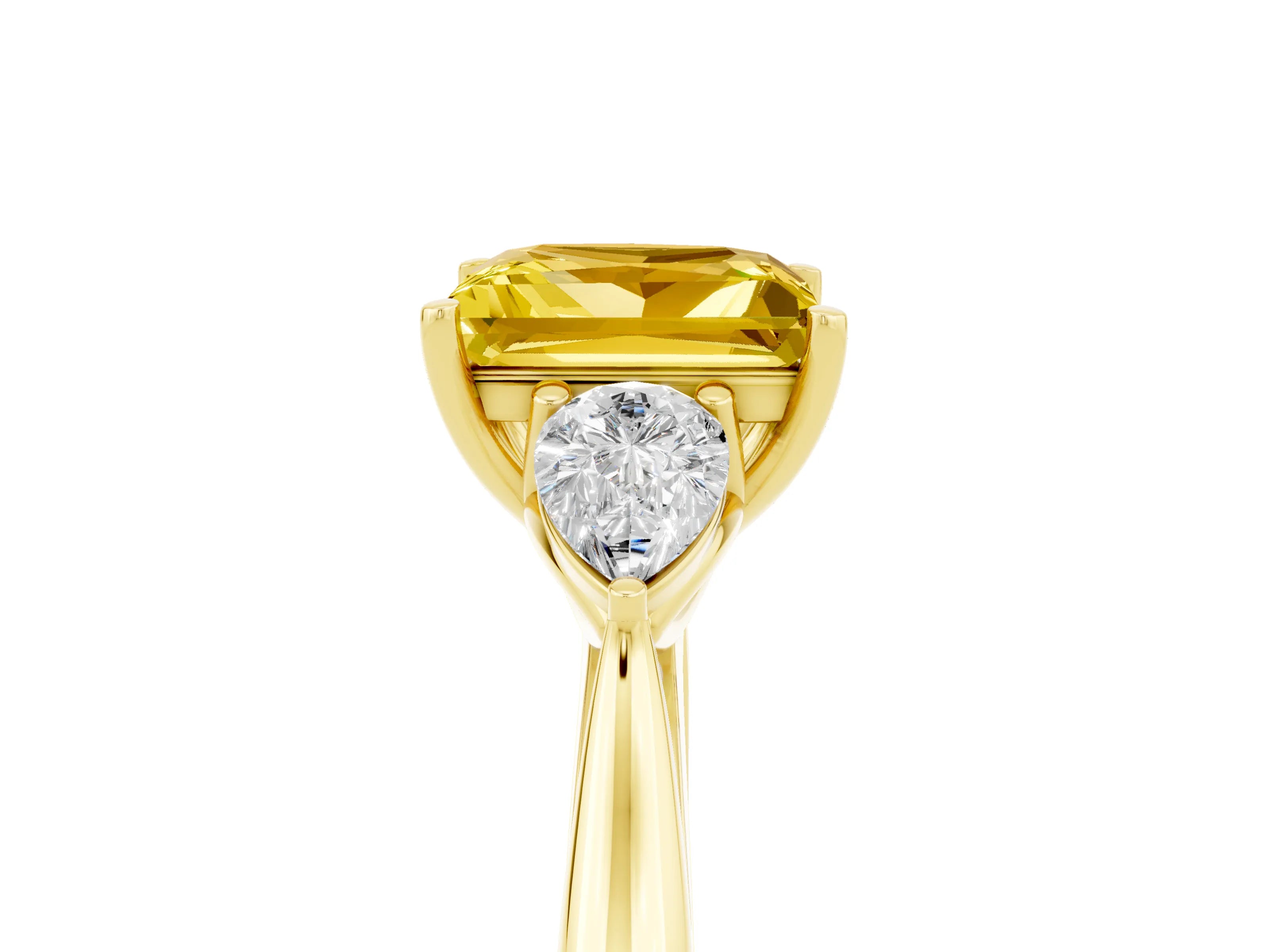 Yellow gold Princess Cut Yellow Sapphire Three-Stone Ring with Pear Side Stones and Four-Prong Setting_17