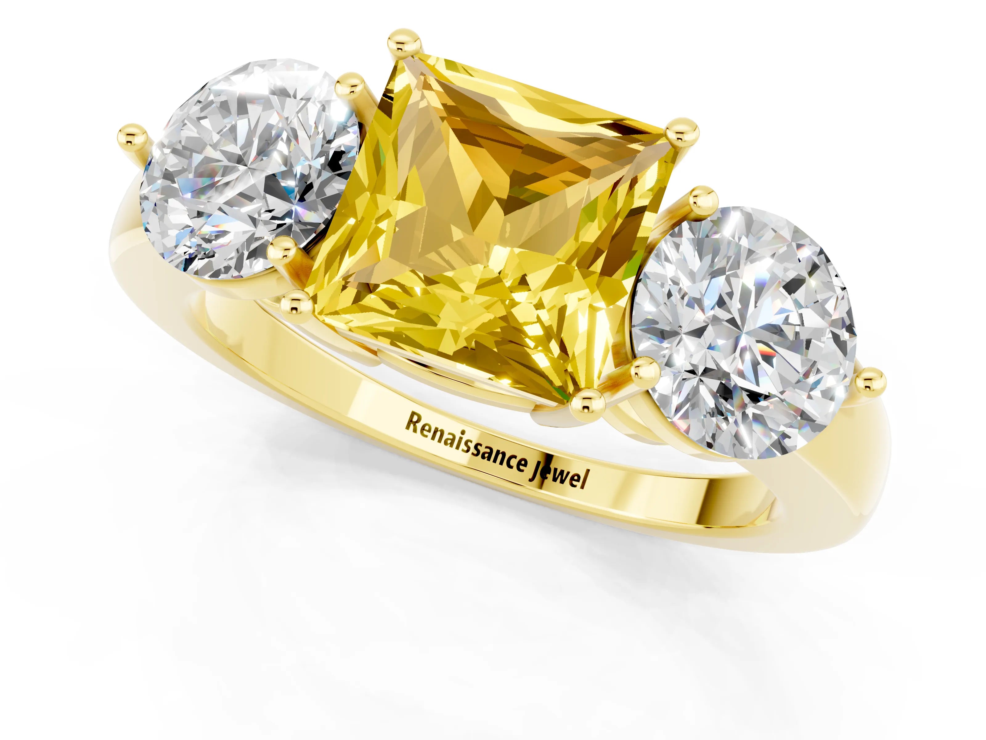 Yellow gold Princess Cut Yellow Sapphire Three-Stone Ring with Prong Setting and Classic Band_1