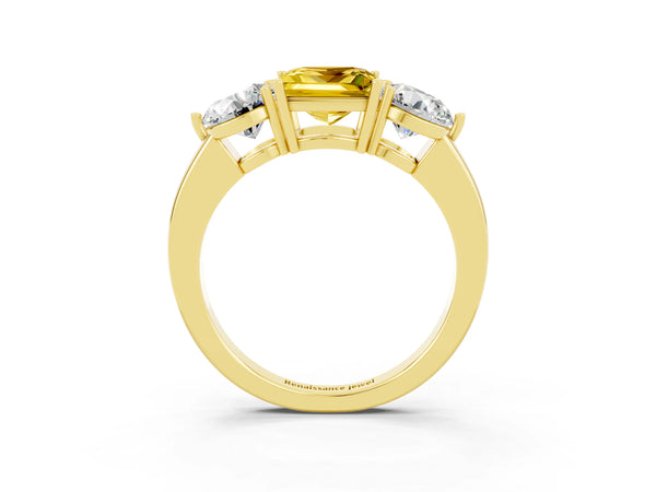 Yellow gold Princess Cut Yellow Sapphire Three-Stone Ring with Prong Setting and Classic Band
