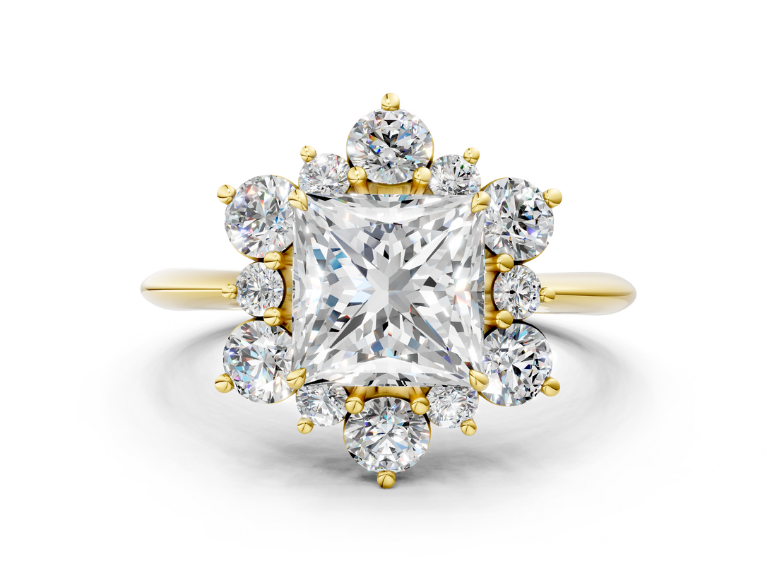 Yellow gold Princess Diamond Cluster Halo Ring with Solitaire Band and Four-Prong Setting_19