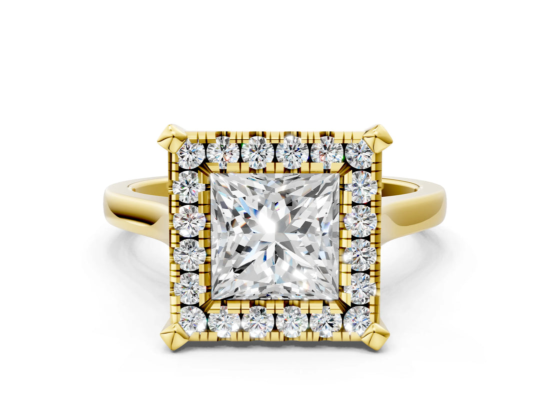 Yellow gold Princess Diamond Cluster Halo Solitaire with Four-Prong Setting_77