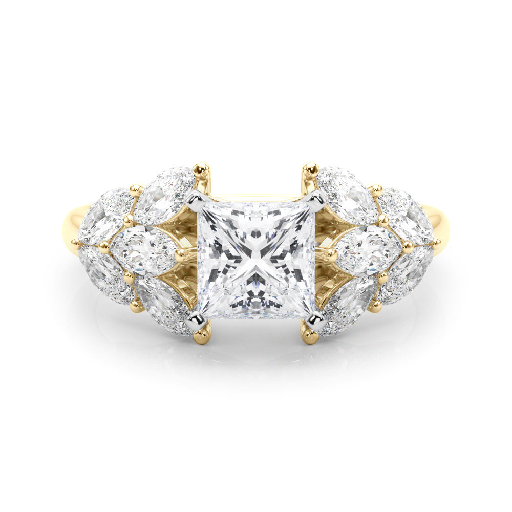 Yellow gold Princess Diamond Cluster Leaf Design Ring with Prong Setting 1