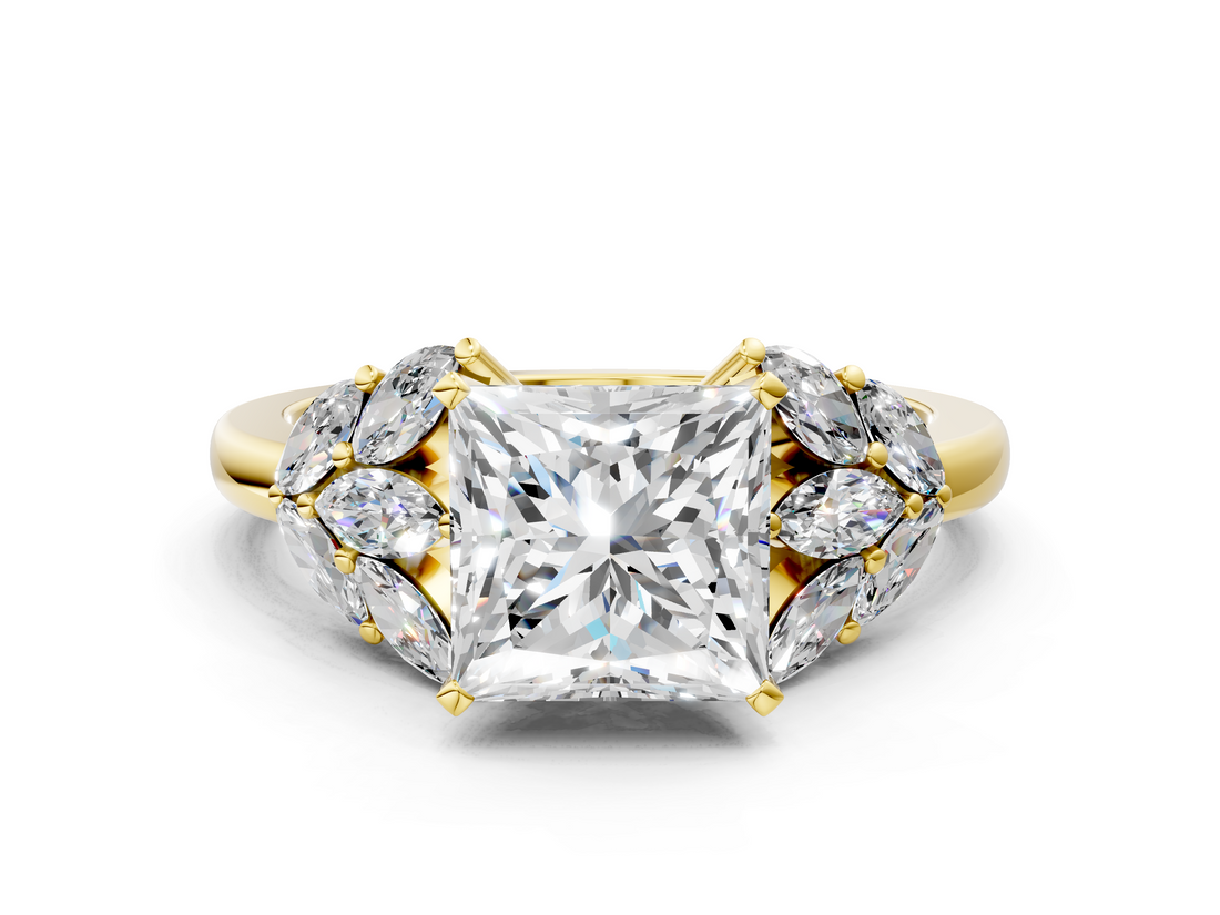 Yellow gold Princess Diamond Cluster Leaf Design Ring with Prong Setting_76