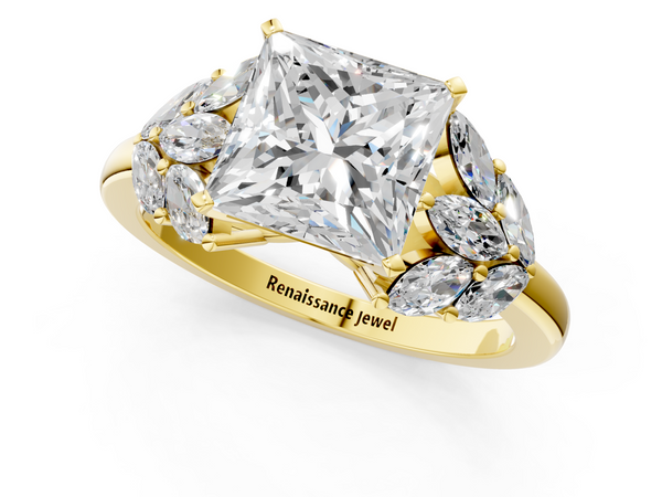 Yellow Gold Princess Cut Cluster Leaf Engagement Ring Setting with Marquise Accents