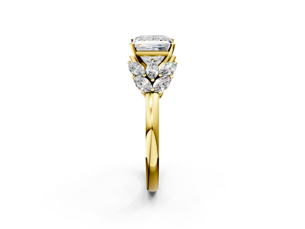 Yellow Gold Princess Cut Cluster Leaf Engagement Ring Setting with Marquise Accents