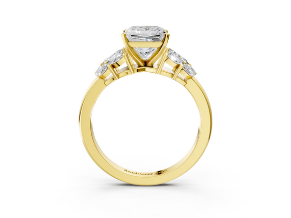 Yellow Gold Princess Cut Cluster Leaf Engagement Ring Setting with Marquise Accents
