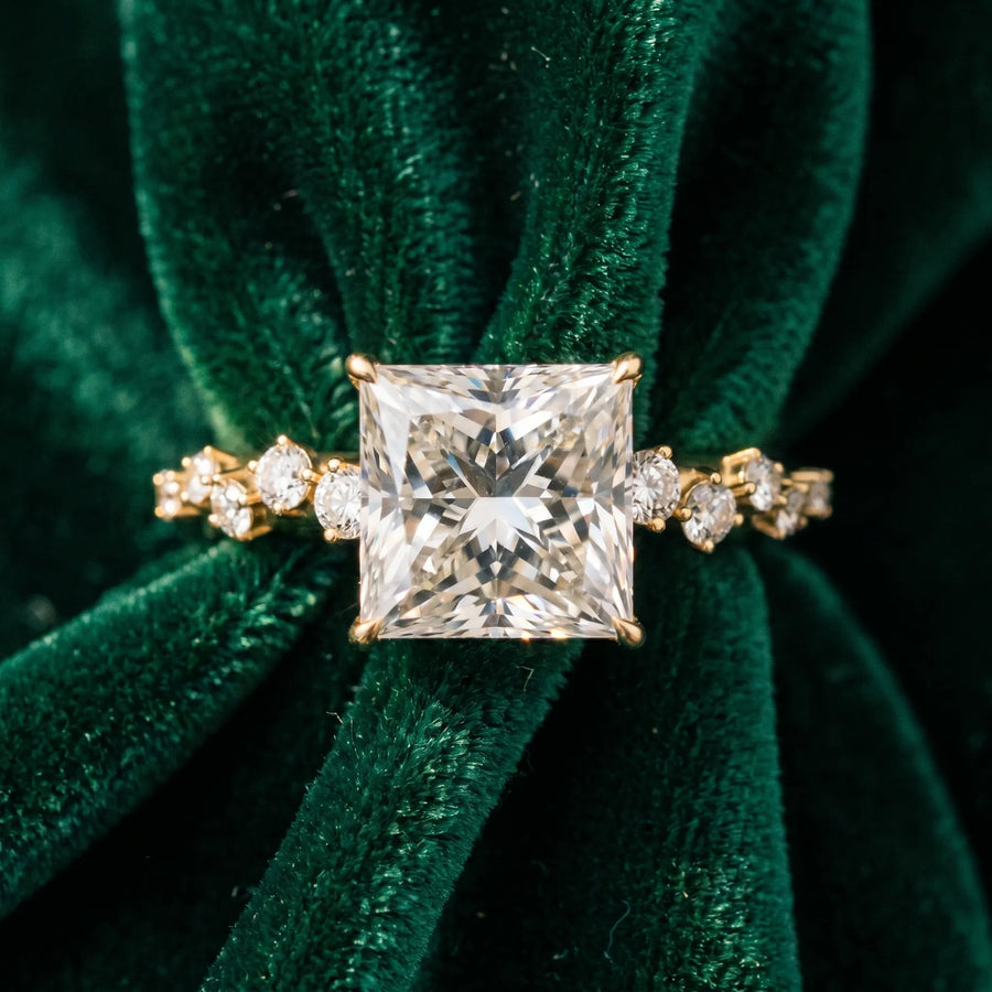 Yellow gold Princess Diamond Cluster Prong-Set Solitaire Ring