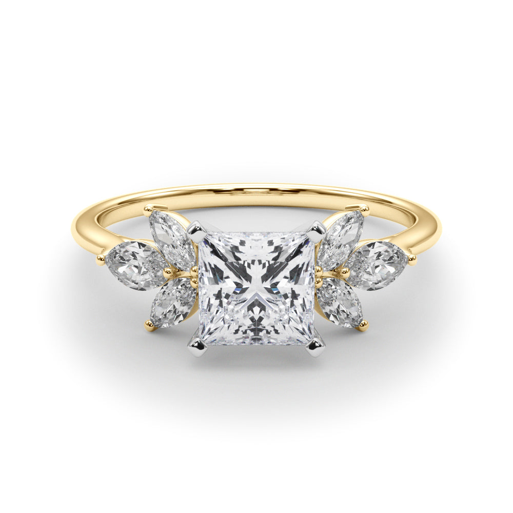 Yellow gold Princess Diamond Floral Cluster Ring with Marquise Side Stones and Six-Prong Solitaire Setting 1