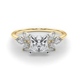 Yellow gold Princess Diamond Floral Cluster Ring with Marquise Side Stones and Six-Prong Solitaire Setting 1