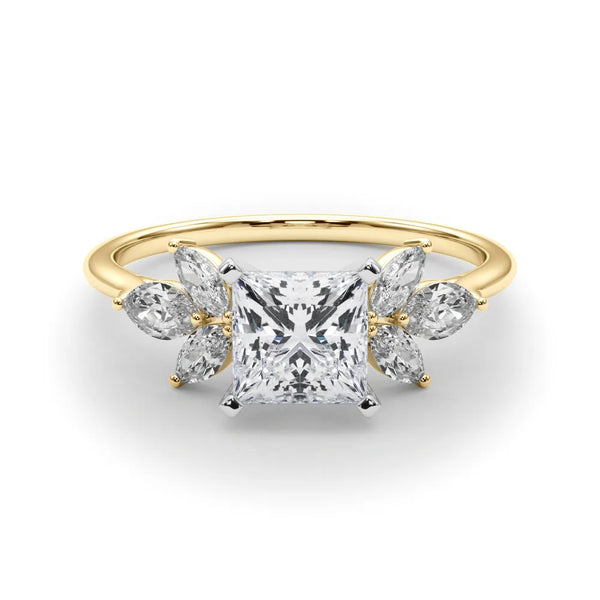 Yellow gold Princess Diamond Floral Cluster Ring with Marquise Side Stones and Six-Prong Solitaire Setting