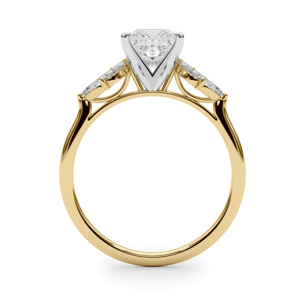 Yellow gold Princess Diamond Floral Cluster Ring with Marquise Side Stones and Six-Prong Solitaire Setting