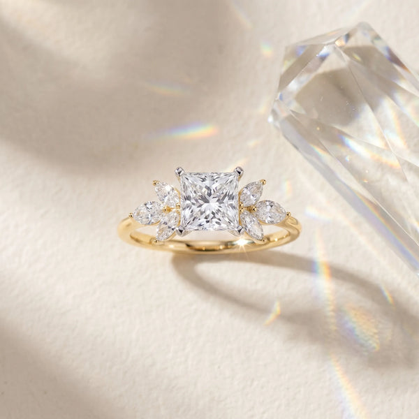Yellow gold Princess Diamond Floral Cluster Ring with Marquise Side Stones and Six-Prong Solitaire Setting