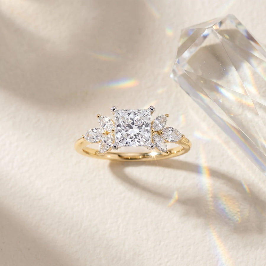 Yellow gold Princess Diamond Floral Cluster Ring with Marquise Side Stones and Six-Prong Solitaire Setting