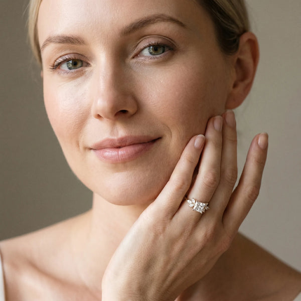 Yellow gold Princess Diamond Floral Cluster Ring with Marquise Side Stones and Six-Prong Solitaire Setting