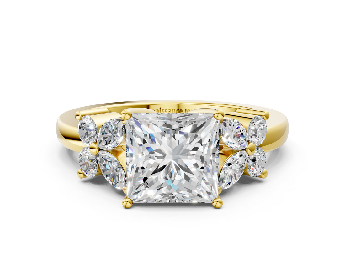 Yellow gold Princess Diamond Floral Cluster Ring with Solitaire Band and Prong Setting_91