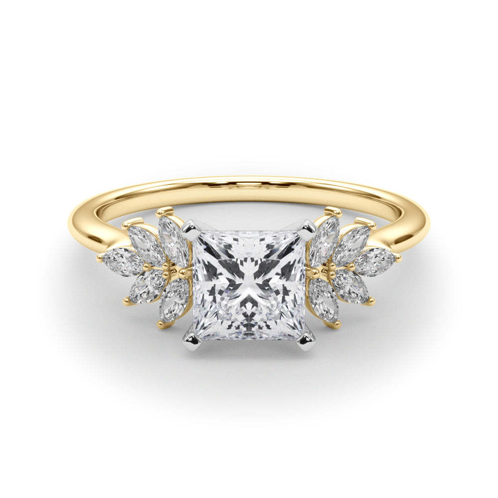 Yellow gold Princess Diamond Floral Side Stone Solitaire with Marquise Accents and Four-Prong Setting 1