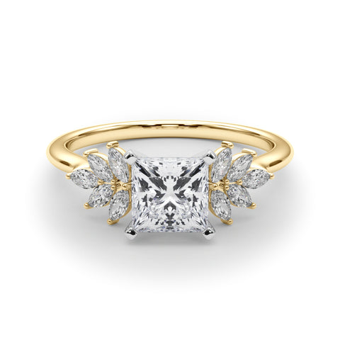 Yellow gold Princess Diamond Floral Side Stone Solitaire with Marquise Accents and Four-Prong Setting 1