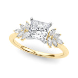 Yellow gold Princess Diamond Floral Side Stone Solitaire with Marquise Accents and Four-Prong Setting
