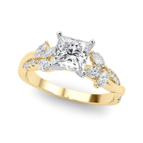Yellow gold Princess Diamond Floral Vine Solitaire Engagement Ring