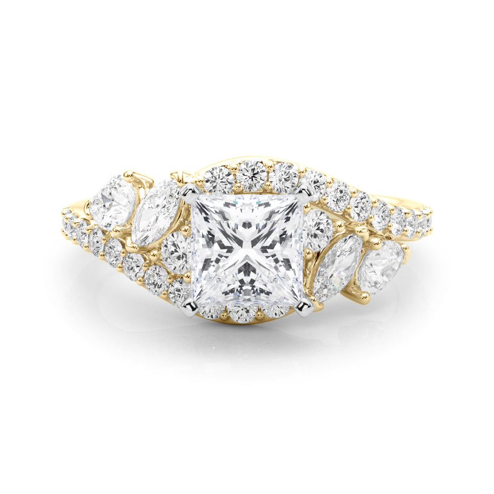 Yellow gold Princess Diamond Halo Ring with Marquise and Pavé Band in Prong Setting 1