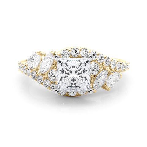 Yellow gold Princess Diamond Halo Ring with Marquise and Pavé Band in Prong Setting 1