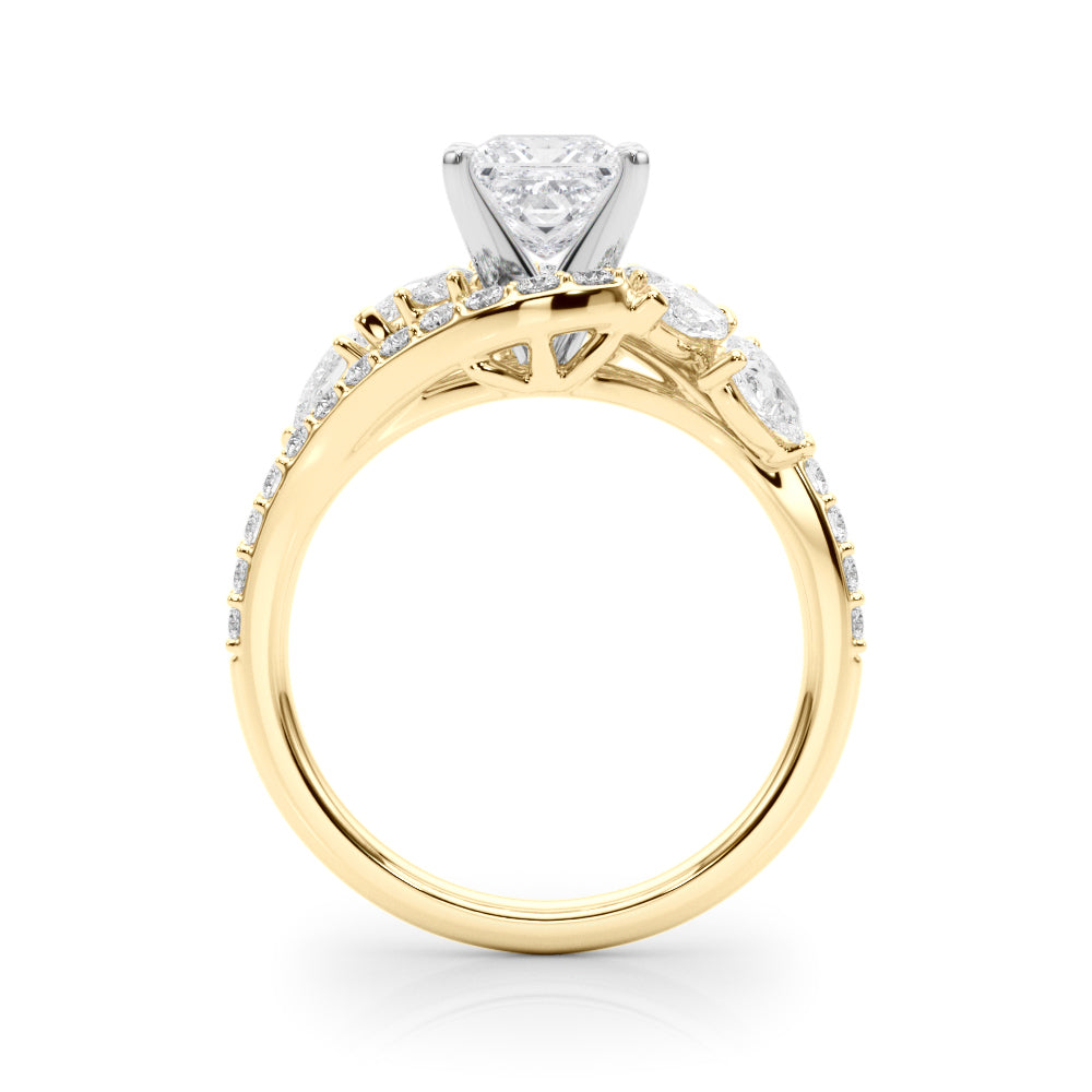 Yellow gold Princess Diamond Halo Ring with Marquise and Pavé Band in Prong Setting 2