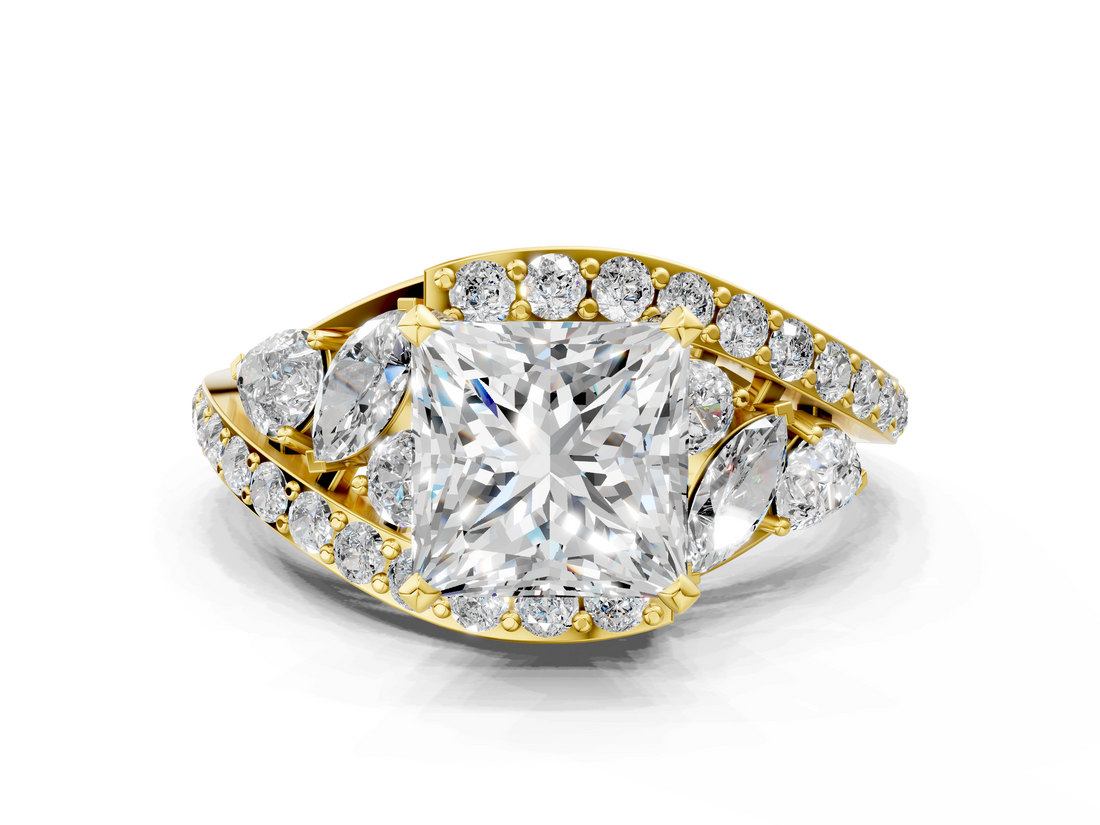 Yellow gold Princess Diamond Halo Ring with Marquise and Pavé Band in Prong Setting_66