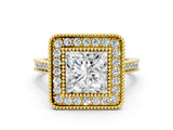 Yellow gold Princess Diamond Halo Ring with Milgrain Frame and Pavé Band_56