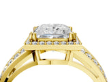 Yellow gold Princess Diamond Halo Ring with Split Shank Pavé Band and Four-Prong Setting_10