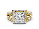 Yellow gold Princess Diamond Halo Ring with Split Shank Pavé Band and Four-Prong Setting_6