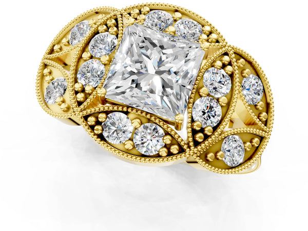 Yellow gold Princess Diamond Milgrain Marquise Filigree Engagement Ring with Prong Setting