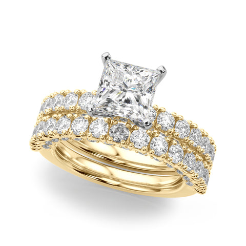 Yellow gold Princess Diamond Pavé Band Solitaire Ring with Four-Prong Setting 1