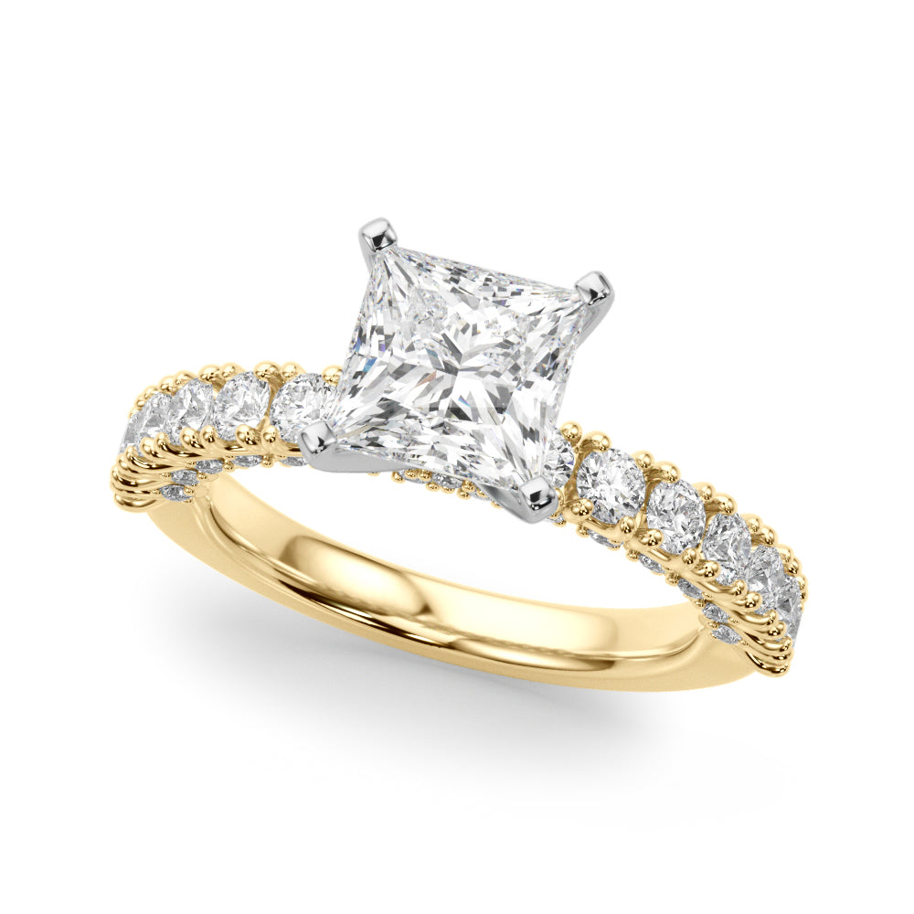 Yellow gold Princess Diamond Pavé Band Solitaire Ring with Four-Prong Setting