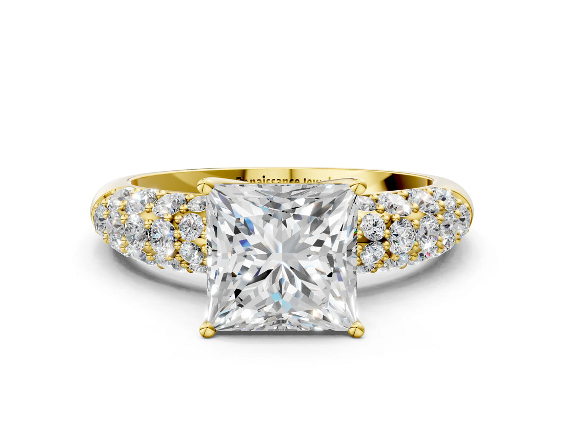 Yellow gold Princess Diamond Pavé Band Solitaire Ring with Four-Prong Setting_49