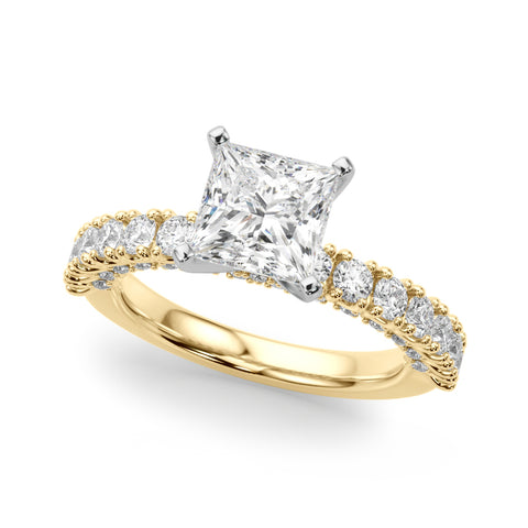 Yellow gold Princess Diamond Pavé Band Solitaire Ring with Four-Prong Setting