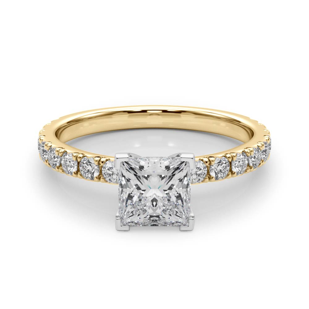 Yellow gold Princess Diamond Pavé Band Solitaire with Four-Prong Setting 1