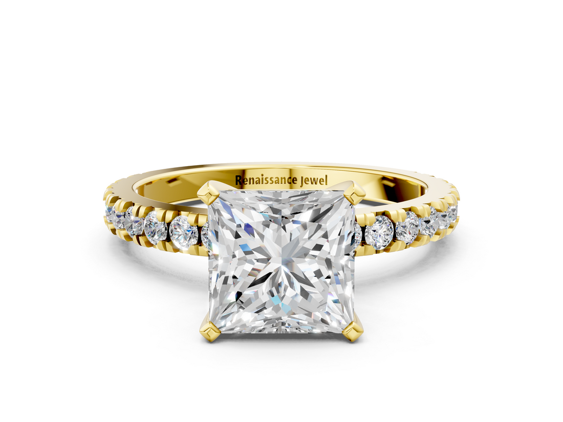 Yellow gold Princess Diamond Pavé Band Solitaire with Four-Prong Setting_210