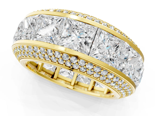 Yellow gold Princess Diamond Pavé Mens Wedding Band with Round Diamond Accents