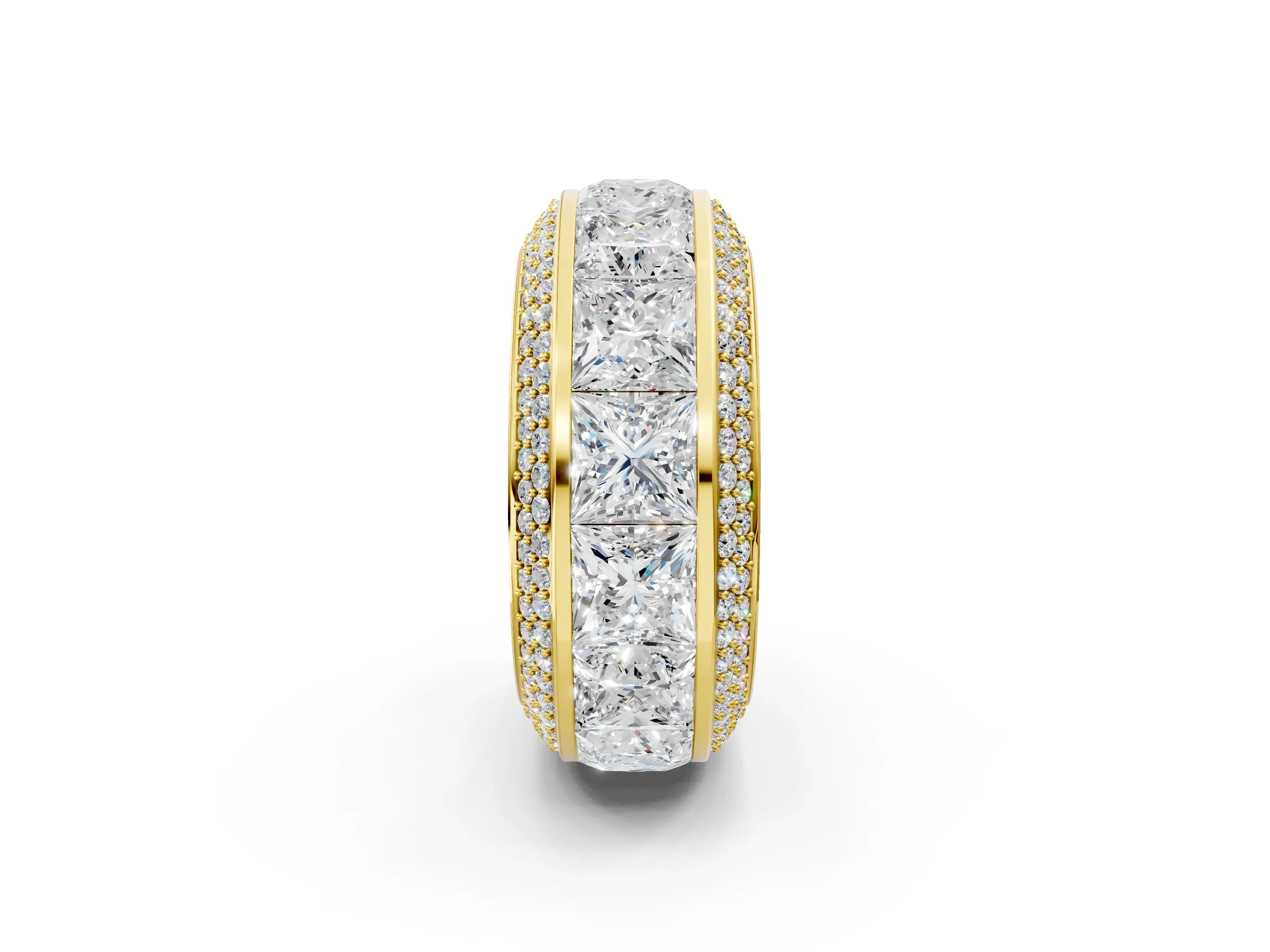 Yellow gold Princess Diamond Pavé Mens Wedding Band with Round Diamond Accents_2