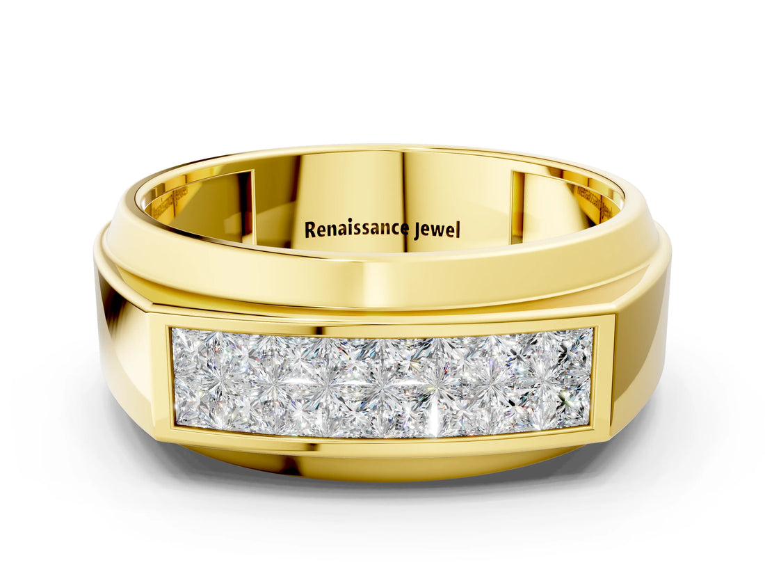 Yellow gold Princess Diamond Pavé Panel Mens Band