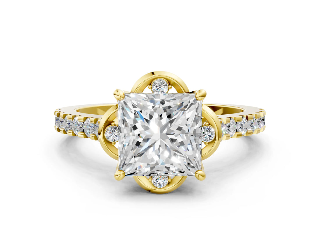 Yellow gold Princess Diamond Pave Band with Floral Prong Setting_23