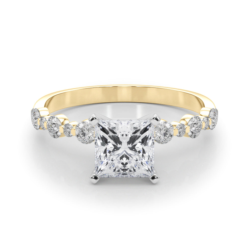 Yellow gold Princess Diamond Prong Set Engagement Ring with Pave Band 1