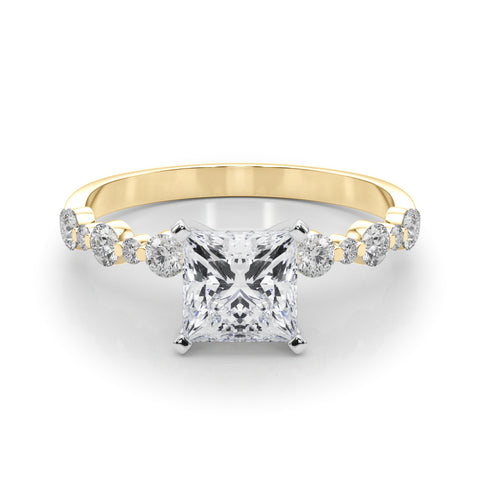 Yellow gold Princess Diamond Prong Set Engagement Ring with Pave Band 1